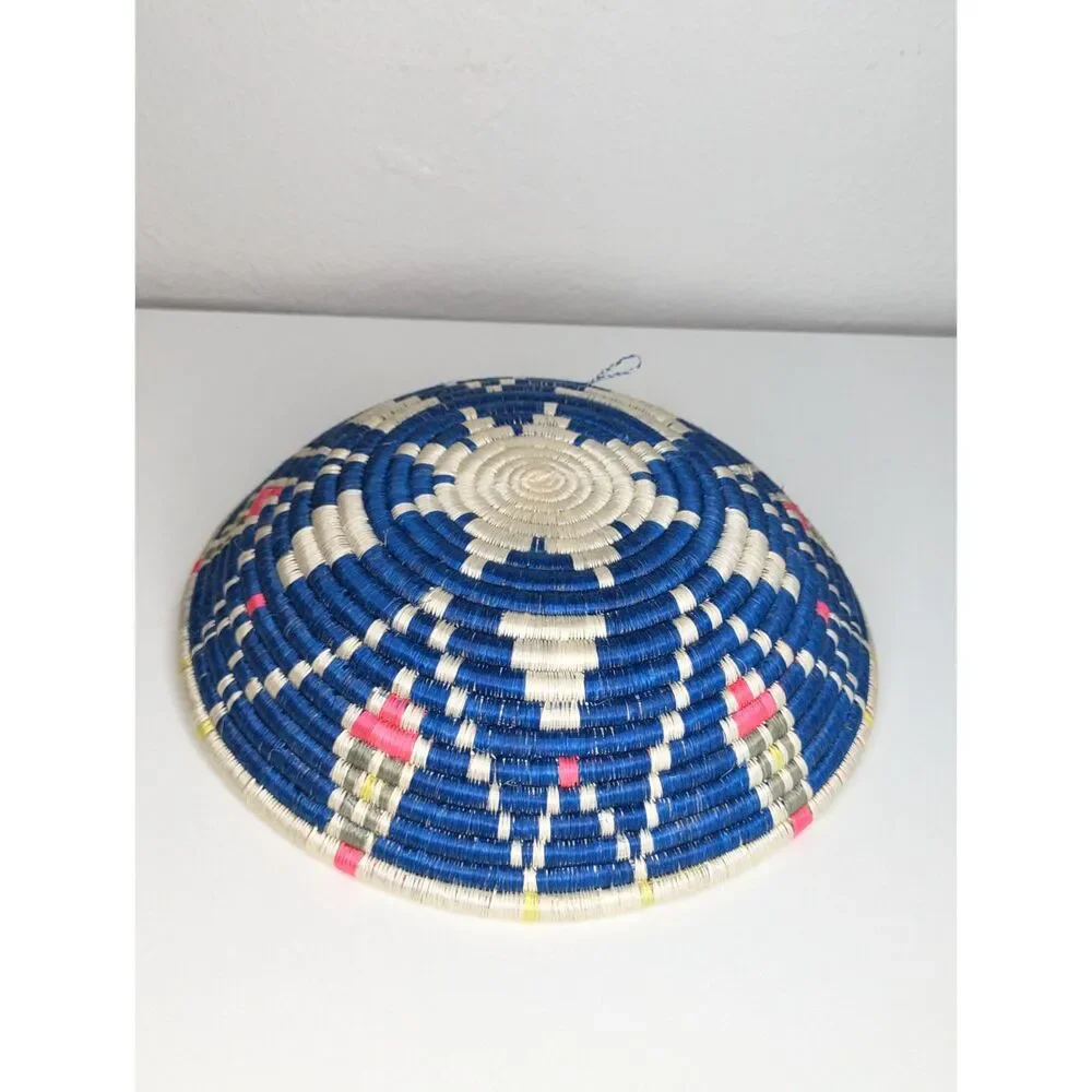 NWOT Rwandan Woven Basket Bowl Handcrafted Blue White Sisal Sweetgrass Hanger